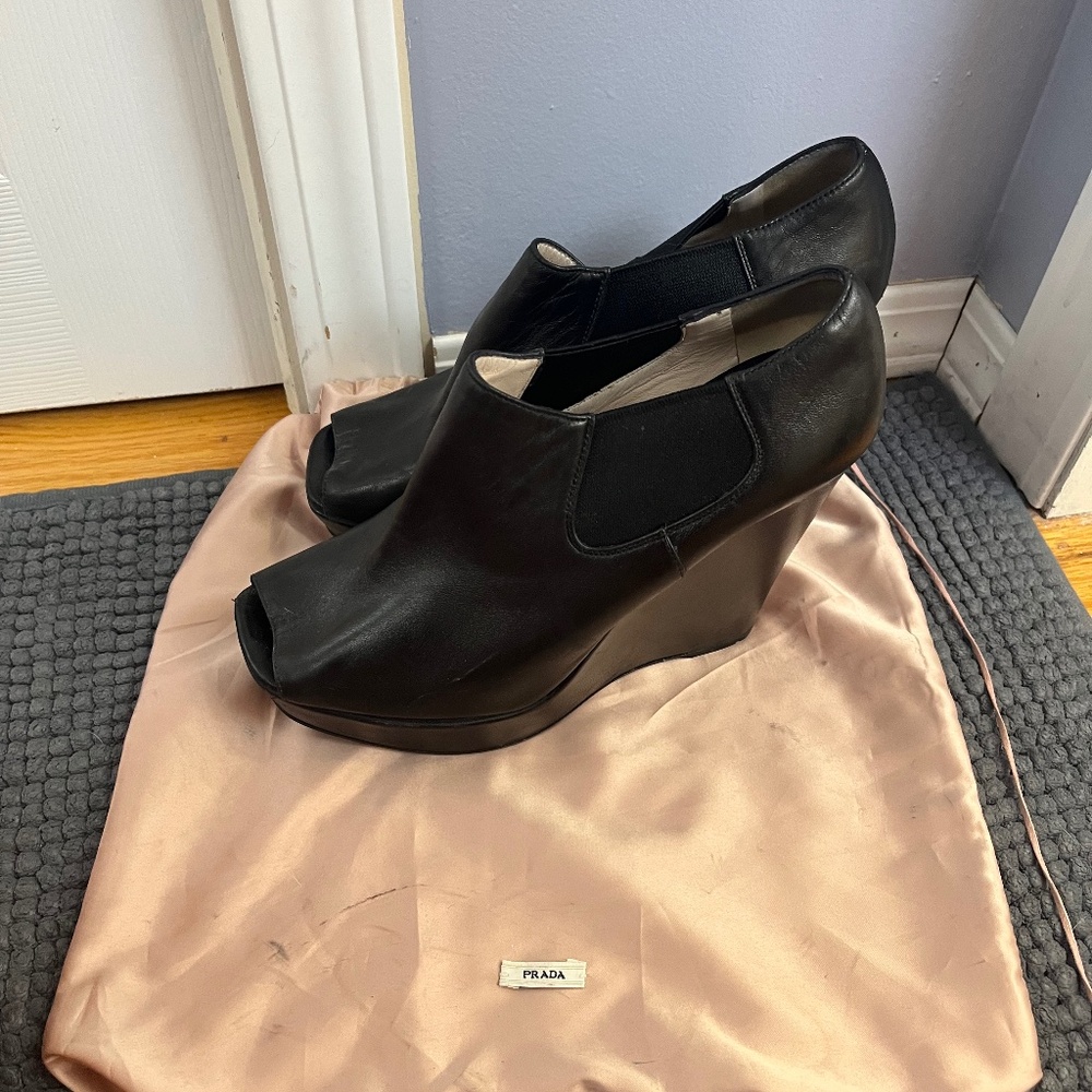 Prada black leather high heels wedge